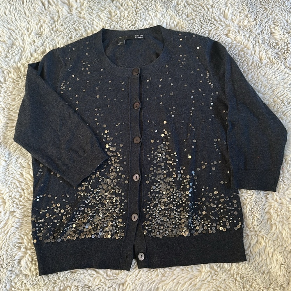 Eileen Fisher dark grey sequin cardigan cashmere organic cotton chest 35” L 20”